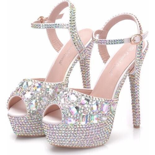 High heel sandals thin heel diamond wedding shoes bridal shoes color diamond crystal sandals full diamond shoes