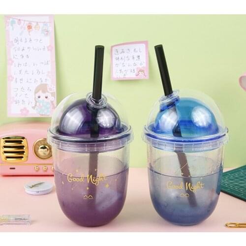 Outdoor Portable Plastic Straw Cup Double Layer Quicksand Suction Cup Good Night Sky Stars School Kawaii Water Bottle Coffee Mug