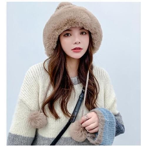 Women Winter Warm Thicken Plush Cable Knit Bomber Hat Solid Color Cute Pompom Windproof Snow Ski Earflap Trapper Cap