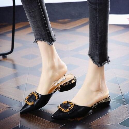 Womens Sandals Commuter Workplace Belt Buckle Mid-heel Slippers Spring and Summer Pointed Toe Thick with Low-heeled Shoes