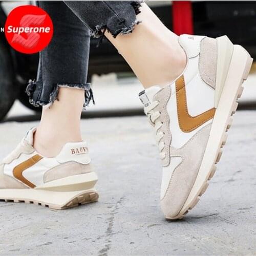 Superone New Spring Women Real leather Flat Sneakers Round Toe Mixed Color Cross Strap Outdoor Casual Shoes Ladies Size 35-39