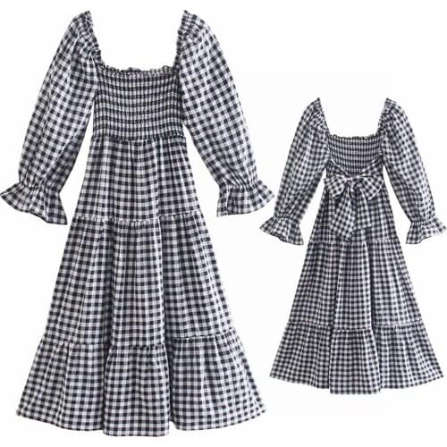 Fashion Womens Black and White Plaid Print Summer Dress Za Vintage Puff Short Sleeve Back Bow Ladies Midi Dress High Quality