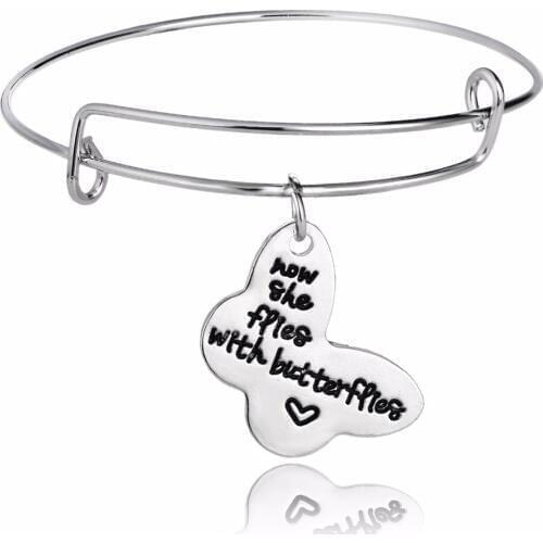 12PC/Lot Now She Flies With Butterflies Heart Charms Bangle Butterfly Memorial Pendant Bracelets For Women Girls Bangles Gifts