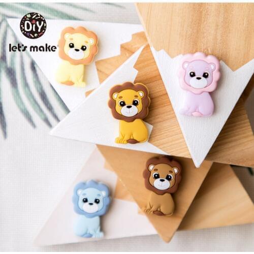 Lets Make 5pc Lion Silicone Beads Cartoon Teethers Animals Teething BPA Free Teether For Teeth Dummy Holder Chain Baby Teethers