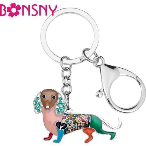 Bonsny Enamel Alloy Rhinestone Dachshund Dog Key Chains Keychains Holder Fashion Animal Jewelry Gift For Women Girls Bag Charms