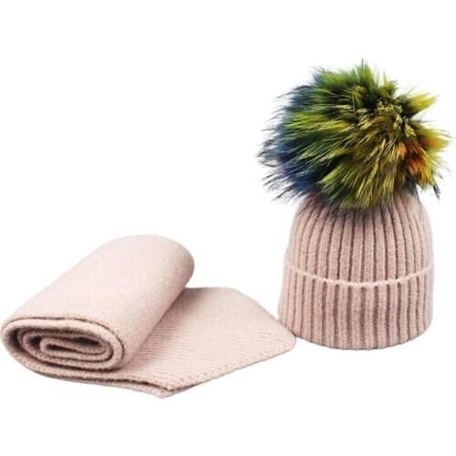 Kids Winter Knitted 2 Piece Beanie Hat Long Scarf Set Colorful Fluffy Pom Pom Toddler Cuffed Skull Cap Neck Warmer