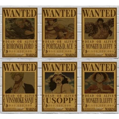 Home Bar Decor Wall Art Stickers Vintage Kraft Paper Anime Poster New One Piece Wanted Posters Luffy Posters and Prints