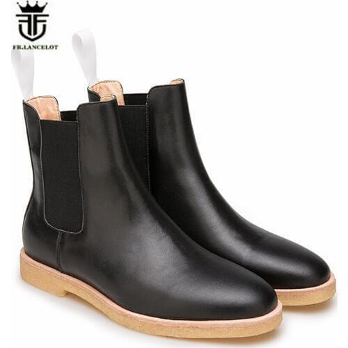 FR.LANCELOTN Exclusive Black Soft Cow Leather Chelsea Boots Slip On Winter Luxury Men Raw Rubber Sole Comfortable Harness Boots