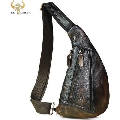 Hot SALE Mens Quality Leather Vintage Tringle Chest Pack Bag Design Male Sling Crossbody One Shoulder Bag Backpack Daypack 8807