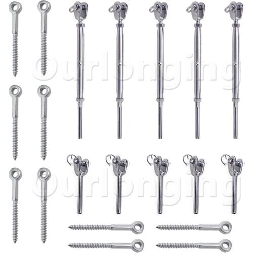 5 Pack Stainless Steel Cable Railing Kits for 1/8" Wire Rope Include Jaw Swage Stud Turnbuckles And Fork Terminal Lag Screw Eyes