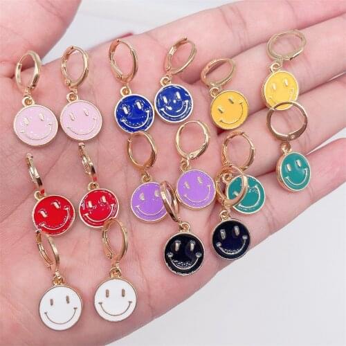 Colorful Cute Round Similing Face Hoop Earrings for Womens Enamel Drop Earrings Fashion Sweet Girl Gifts Jewelry Wholesale