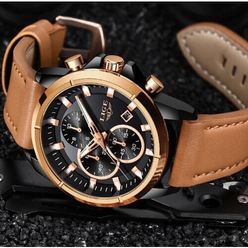 LIGE New Waterproof Chronograph 2020 Business Mens Watches Top brand Luxury Quartz Clock Male Casual Leather Gold Watch Men