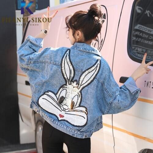 Fashion Cartoon Denim Jacket Women Short Coat Pocket Sequins Long Sleeve Jeans Jacket Female 2020 Spring Autumn Loose Jeans Coat
