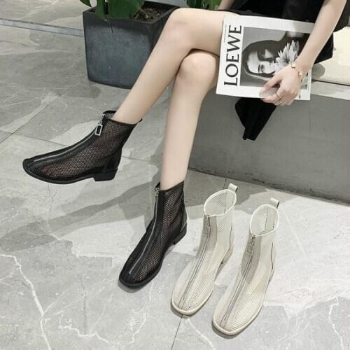 Fashion Summer 2020 Womens Hollow Out Lace-Up Sexy Short Tube-shaped Mesh Sandals Middle Heel Rome High Barrel Cool Boots Girl