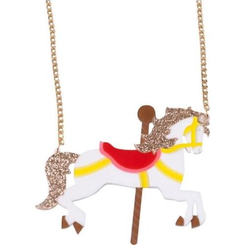Trendy Cute Long Carousel Pendant Necklace For Women Running White Horse Love Party Necklace Fashion Acrylic Jewelry E19015