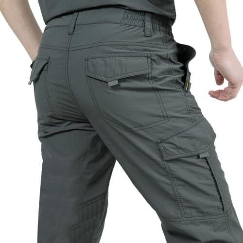 Men Solid Color Quick Dry Thin Multi-pocket Long Cargo Pants Outdoor Trousers