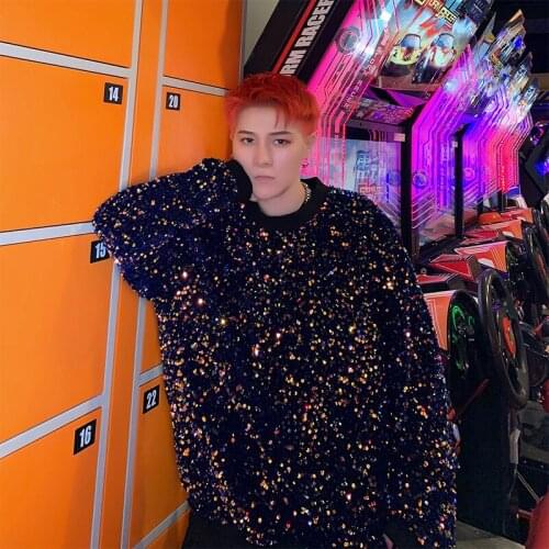 Mens Youth Fashion Glitter Sequin Pullover Sweatshirt Top Stage Hip Hop Singer