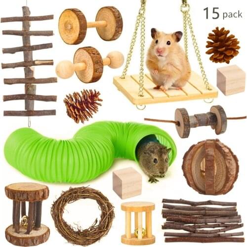 15 Pack Hamster Chew Toy Set Guinea Pig Teeth Care & Exercise Toy Fun Natural Wooden Hamster Toys Pet Supplies