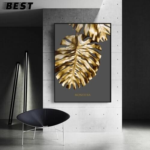Nordic Golden abstract leaf flower Wall Art Canvas Painting Black white feathers Poster Print Wall Picture for Living Room Decor