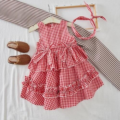 2021 New Summer Girls' Dress Plaid Casual Sleeveless Party Princess Dress +Headbands Cute Childrens Baby Kids Girls Clothing