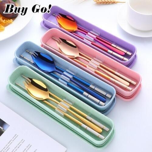 18/8 Stainless Steel Chopsticks 3 IN 1 Fork Spoon Set Portable Dinnerware Set With Box Travel Cutlery Set Kitchen Tableware Set