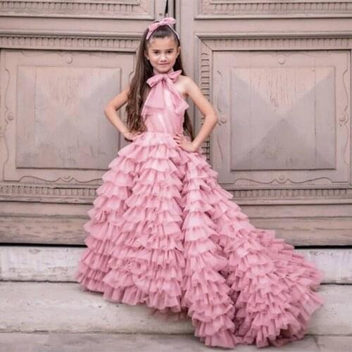 Dusty Pink Big Girls Tiers A Line Princess Flower Girl Dresses Girls Wedding New Year Party Dresses With Train