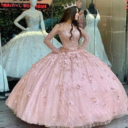 Pink Shiny Crystal Sequined Tulle Ball Gown Quinceanera Dress O-Neck Long Sleeve Handmade Flowers Sweet 15 Prom Party Dresses