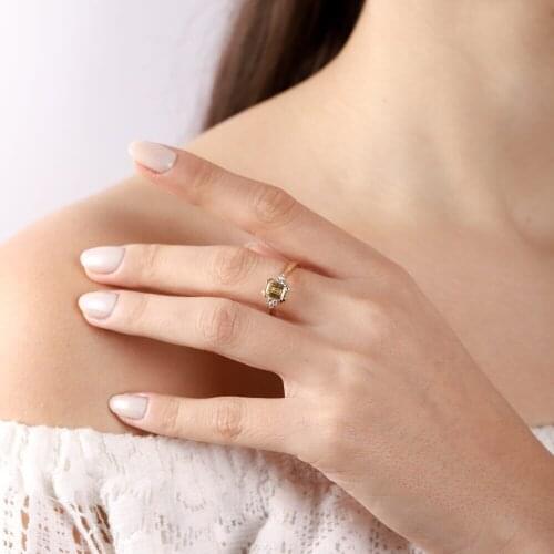 SembolGold Gold Ring Diamond Montur 14 Carat With Peridot Stone Handmade Finger Jewelry Wedding Accessories Opening Ring Simple