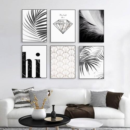 Nordic Marble Diamond Poster Feather Plants Print Canvas Painting Wall Art Pictures for Living Room Bedroom Modern Home Decor