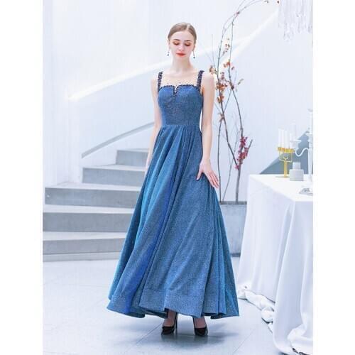 Sweet Dusty Crystal Prom Dresses Long Straps Spaghetti See Through Tulle Evening Gown Slit Right 2020 ladybeauty