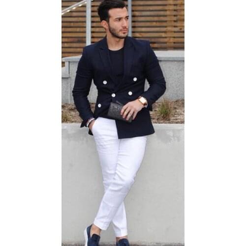 Navy Blue Double Breasted Men Suit Casual Blazer costume homme Tuxedo Custom Jacket Style men Suit 2pcs (Jacket+White Pants)