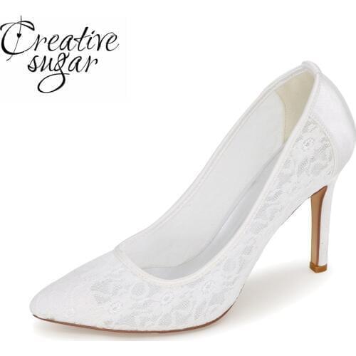 Creativesugar soft lace pointed toe high heels lady pumps wedding party bridal evening dress shoes pink white ivory blue black