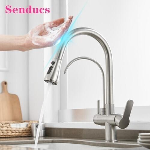 Pull Out Touch Kitchen Faucet for Three Ways Filter Hot Cold Kitchen Mixer Tap Intelligent Sensor Touch Filter Kitchen Faucet