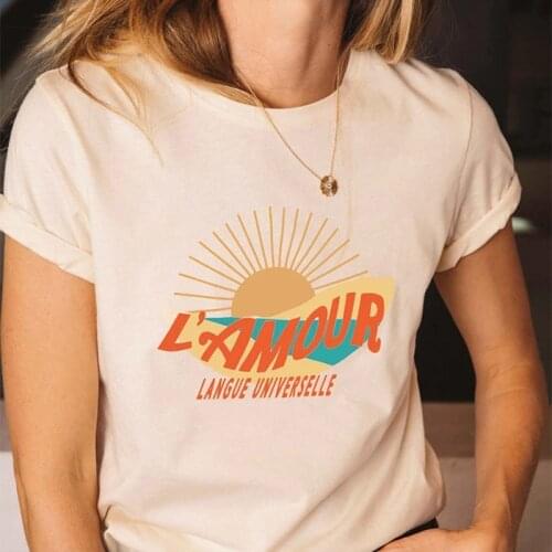 Letter T Shirt Femme Short Sleeve Sun Print Character Round Collar Cotton Tee Shirt 2021 Beige Tops Casual Women T Shirts