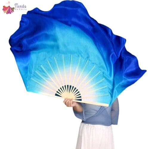 Factory Wholesale Women Belly Dance Silk Fan Veils 1 Pair Short Bamboo Fan 41cm-86cm Customized Color White Blue Royal Blue