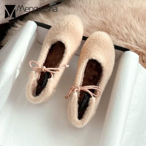 Round toe cross-tied fur moccasins women cozy warm winter cotton shoes ladies soft bottom furry pregnant flat shoes big size 43