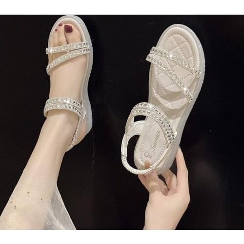 2021 New Summer Sandals Fairy Style Flat Bottom Rhinestone Beach Fashion Roman Flat Ins Womens Shoes