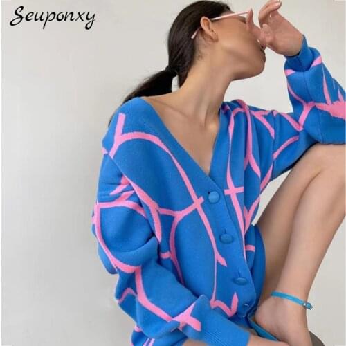 High Quality WomenS Geometric Single-Breasted Knitted Cardigan 2021 Fall Sexy V-Neck Lantern Long-Sleeved Casual Sweater