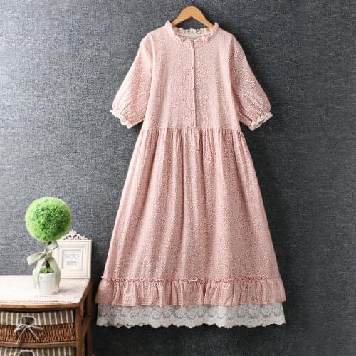Autumn New Mori Girl Floral Dress Women Loose All-match Long-Sleeved Lace Cotton and Linen Dress Fashion 7367
