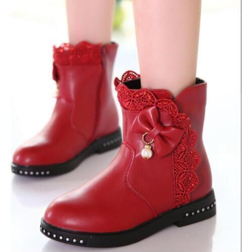 Winter Booties for children plus velvet boots Girls Boots Children High Bow Tie Shoes Girls Pincess Dress Boots Big Kids Shoes