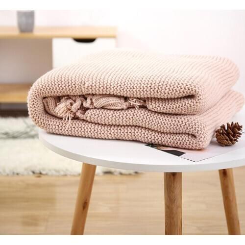 40American-Style Handmade Knitted Thread Blanket Sofa Plaid Throw Knitting Hollow Out Tassels Blanket Solid Color Shawl
