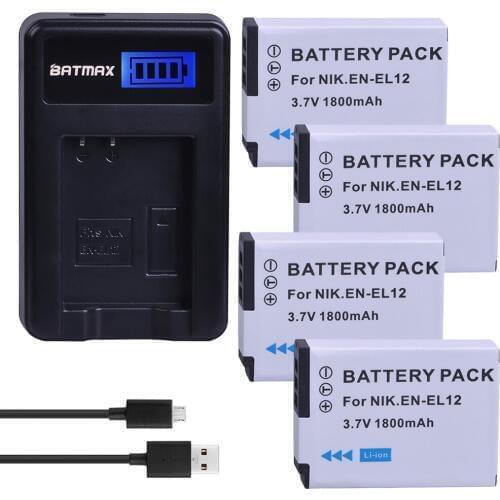 Batmax 4pcs EN EL12 EN-EL12 Camera Battery+LCD USB Charger for Nikon Coolpix S9700 S9500 S9400 S9300 S9100 S8200 S8100