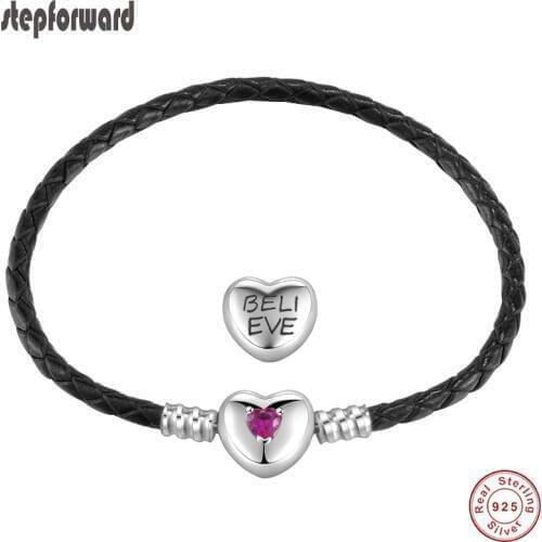 Authentic 925 Sterling Silver Heart Clasp Leather Rope Bracelet Classic Believe Theme Women Unique Bracelet Fit DIY Jewelry Gift