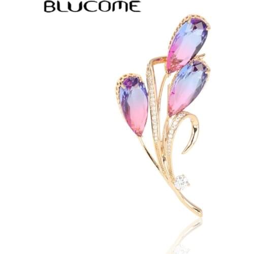 Blucome Shiny AAAA+ Zircon Flower Leaf Brooches Gold Pink Blue Rhinestone Wedding Bridal Bouquet Accessories Fine Copper Brooch