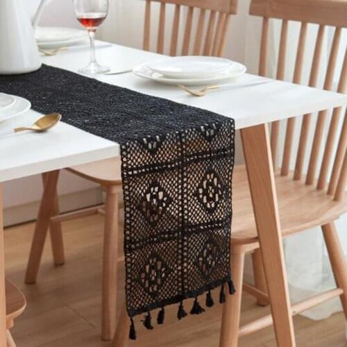 Europen Style Retro Black Color Table Runner Handmade Hook Flower Hollow Runner Table Cover Party Wedding Decor