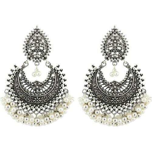 Indian Earrings for Women Oxidized Gold Color Big Pearl Long Tassel Bells Drop Earrings Afghan Egypt Gypsy Turk Ethnic Jewelry