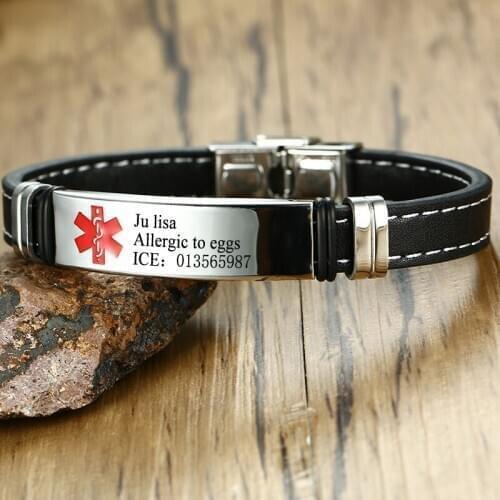 Medical Emergency Alert Bracelets Custom Diabetes 1 Reminder Jewelry Leather Black Stainless Steel Wristband Personalized Gift