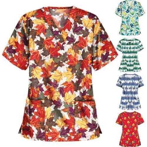 Nurse Overalls Uniforme Enfermera Women Print Short Sleeve V-neck Scrubs Tops Nursing Working Uniform Blouse медицинская одеж q5