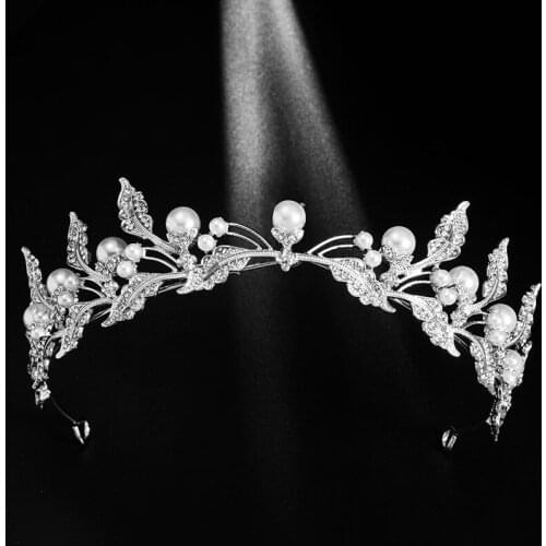 High Fashion Crystal Pearls Simple Leaf Decorative Bride Wedding Crowns Rhinestone Tiaras Royal Princess Diadem Hair Ornaments