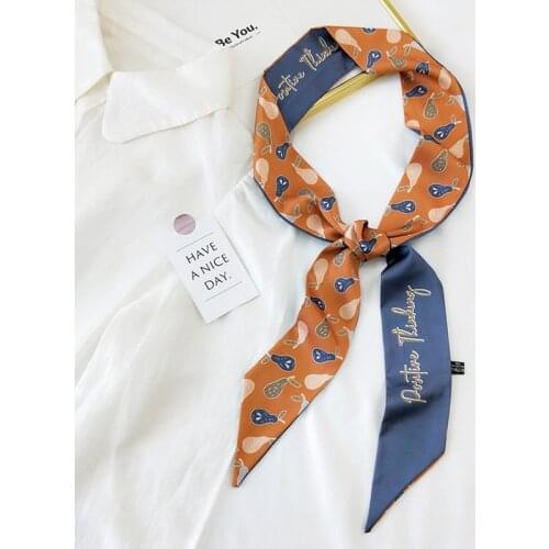 MoriBty Women Silk Scarf Tie Long Skinny Hair Ribbon Headbands Floral Fruit Print Bandana Cute Sharp Corner Neckerchief Bufandas